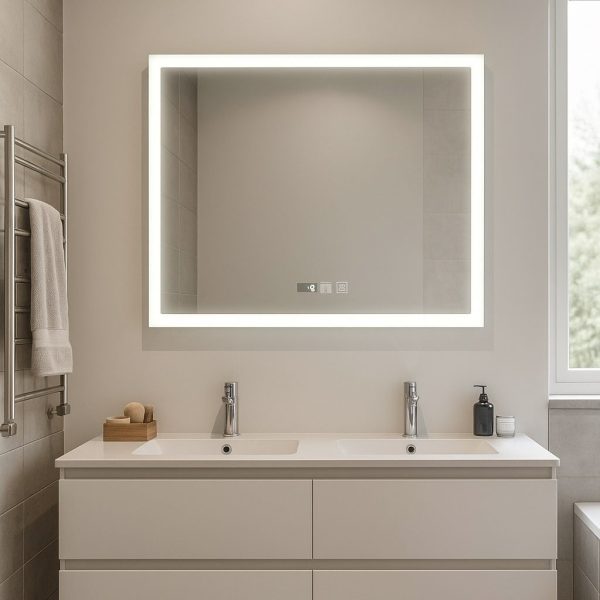 Prémium minőségű, szögletes alakú, beépített LED világítású fürdőszobai tükör