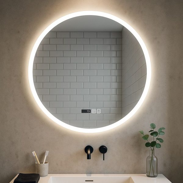 Prémium minőségű, kör alakú, beépített LED világítású fürdőszobai tükör