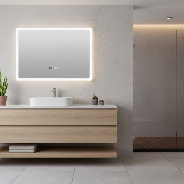 Prémium minőségű, szögletes alakú, beépített LED világítású fürdőszobai tükör